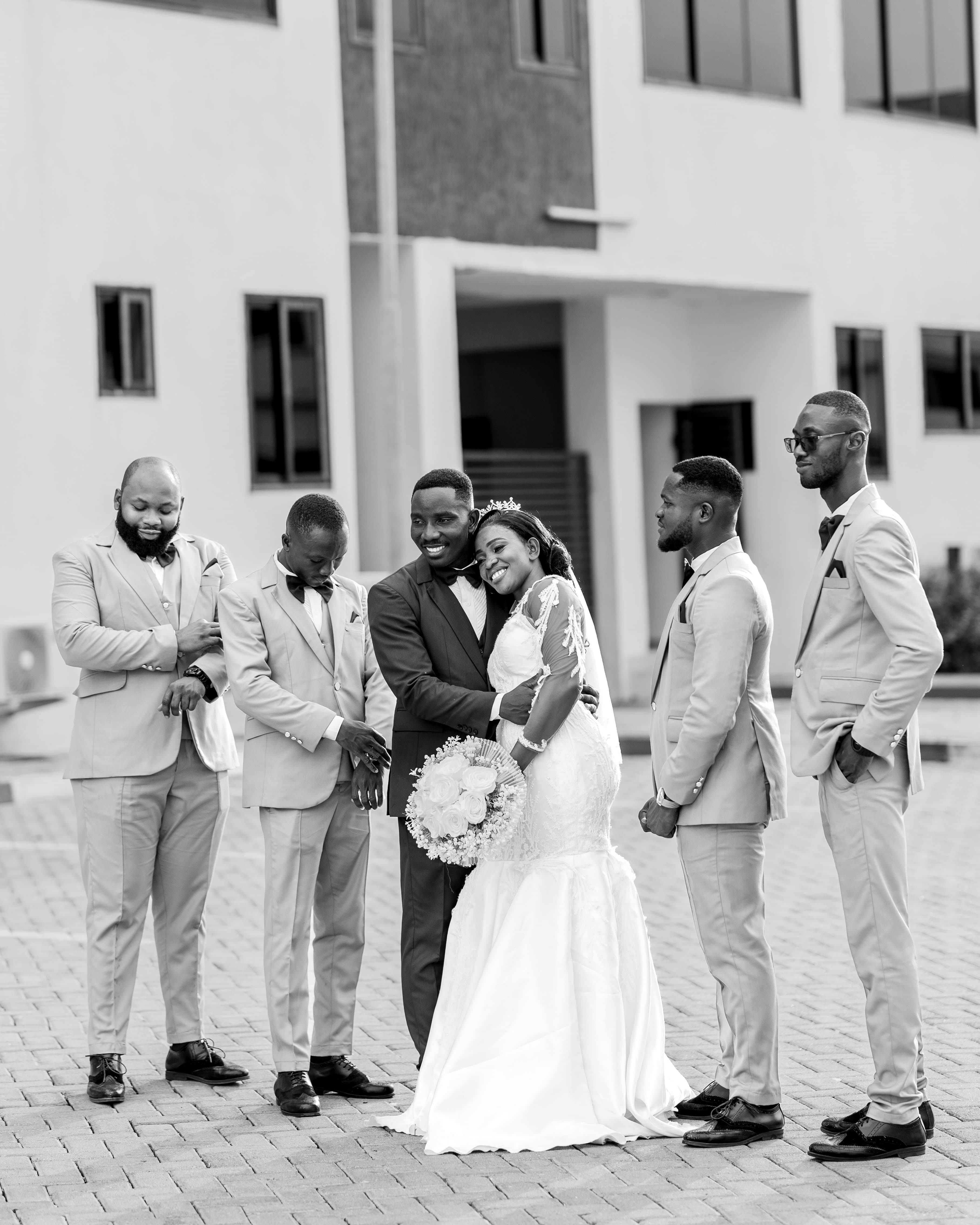 Wide shot of a lively event with colorful lights